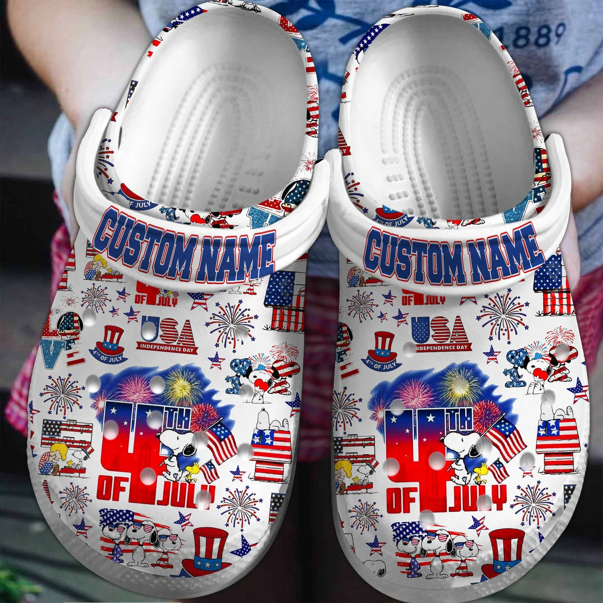 Footwearmerch Snoopy Peanuts July 4 Independence Day Cartoon Crocs Crocband Clogs Shoes Custom Name For Men Women and Kids