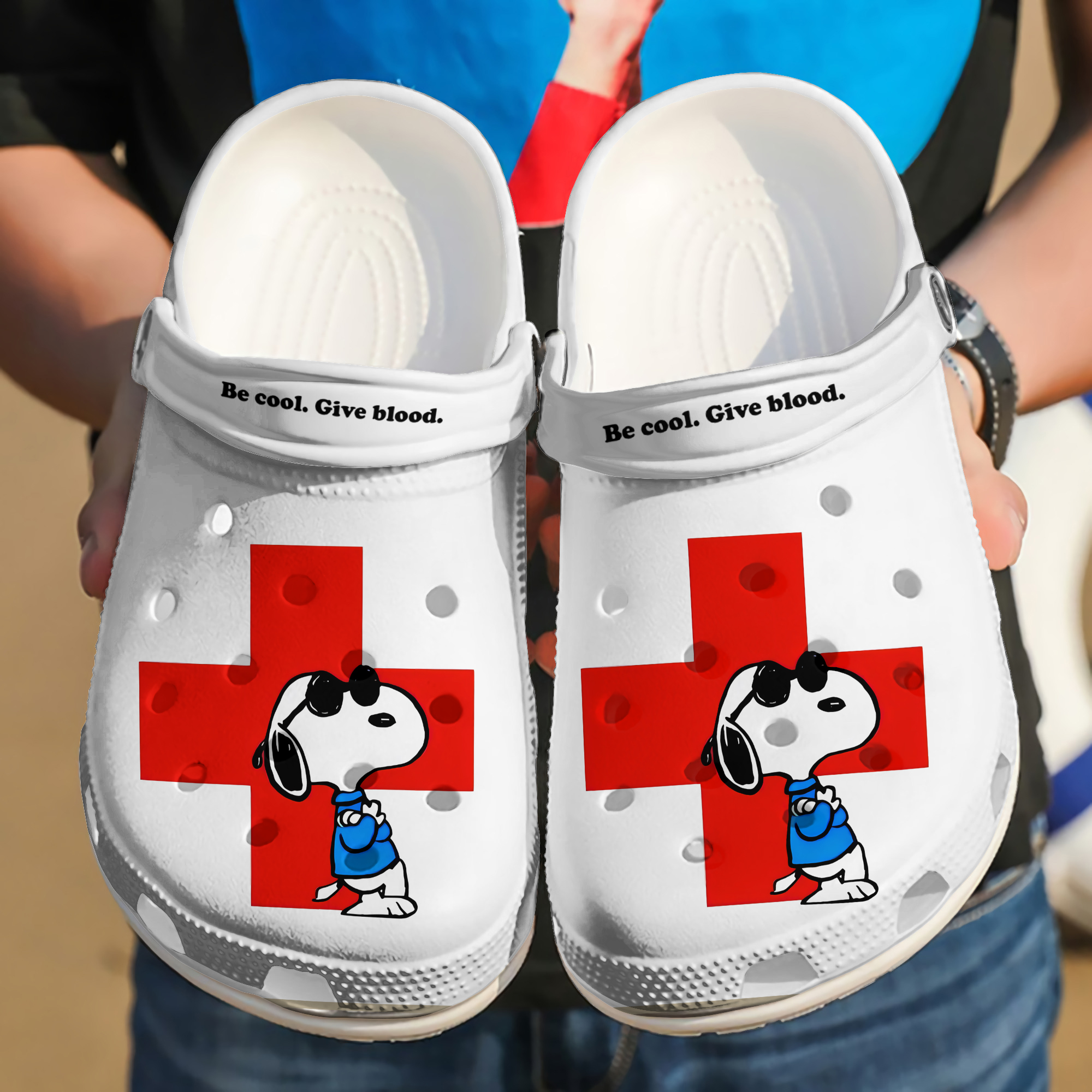 Footwearmerch Red Cross Be Cool Give Blood Snoopy Custom Name White Clogs Shoes