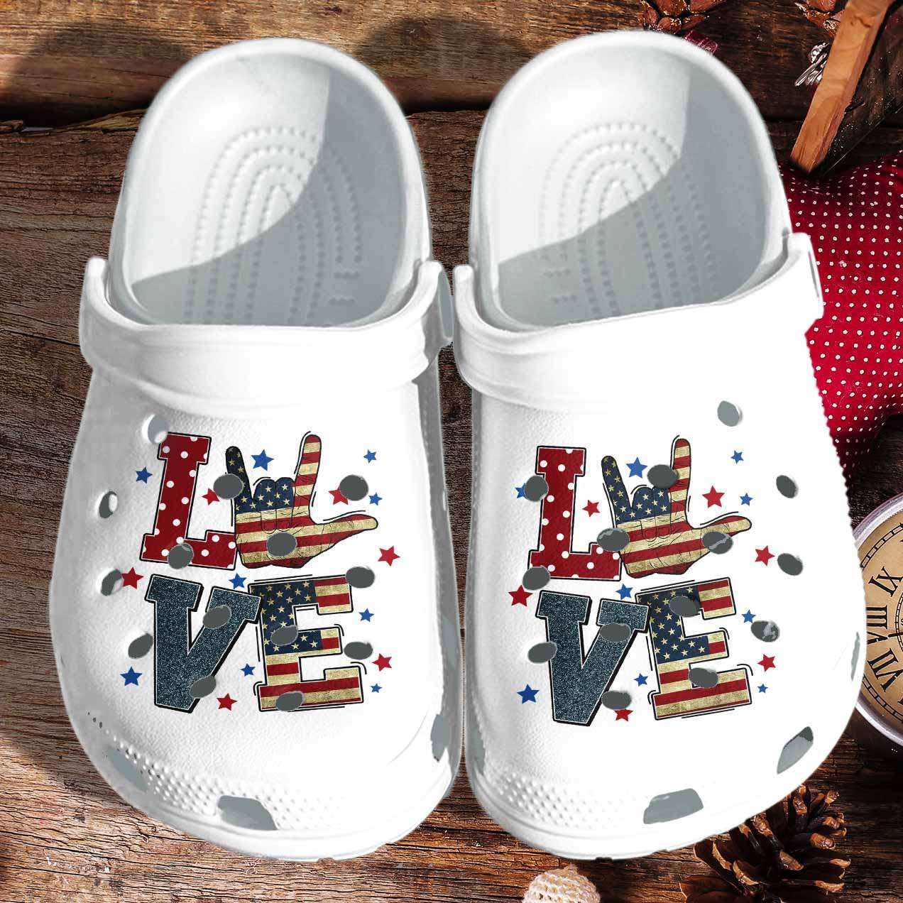 Footwearmerch American Flag Love Sign Language 4Th Of July Crocband Clogs