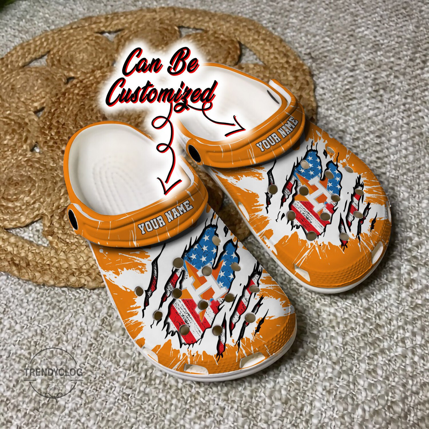 Footwearmerch Astros Personalized HAstros Baseball Ripped American Flag Clog Shoes