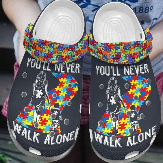 Footwearmerch Autism Awareness Day Mom And Son Youll Never Walk Alone Autism Puzzle Pieces Crocband Clog Shoes
