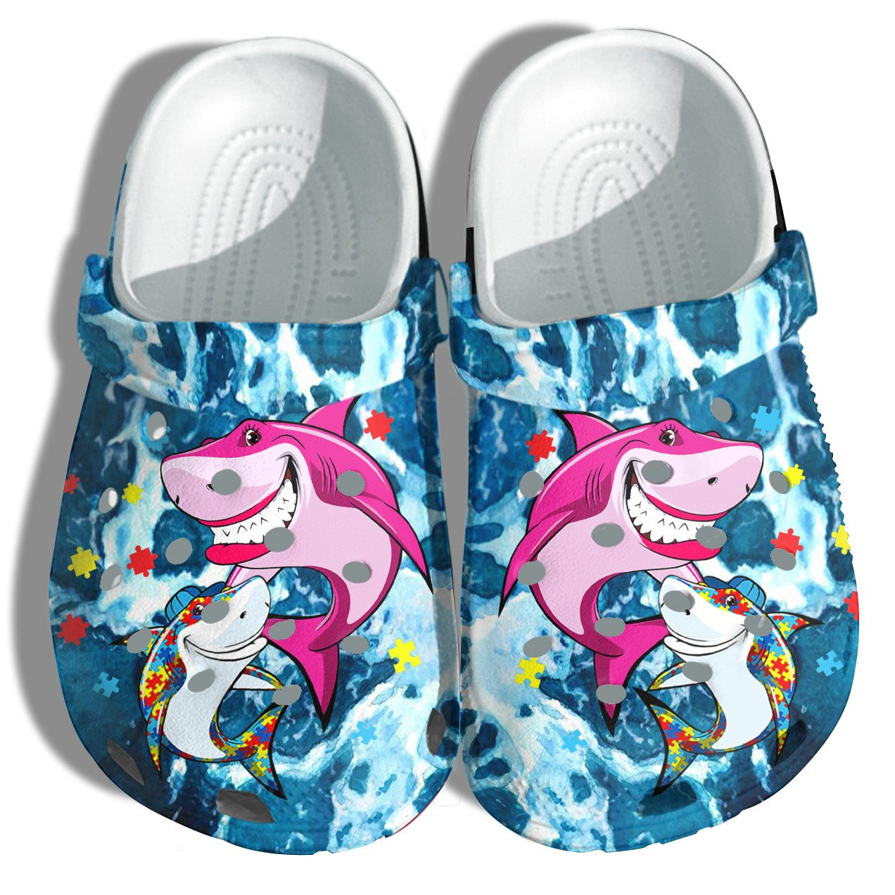 Footwearmerch Autism Shark Mom And Shark Baby Beach Shoes - Autism Awareness Shark Ocean Blue Shoes Croc Clogs