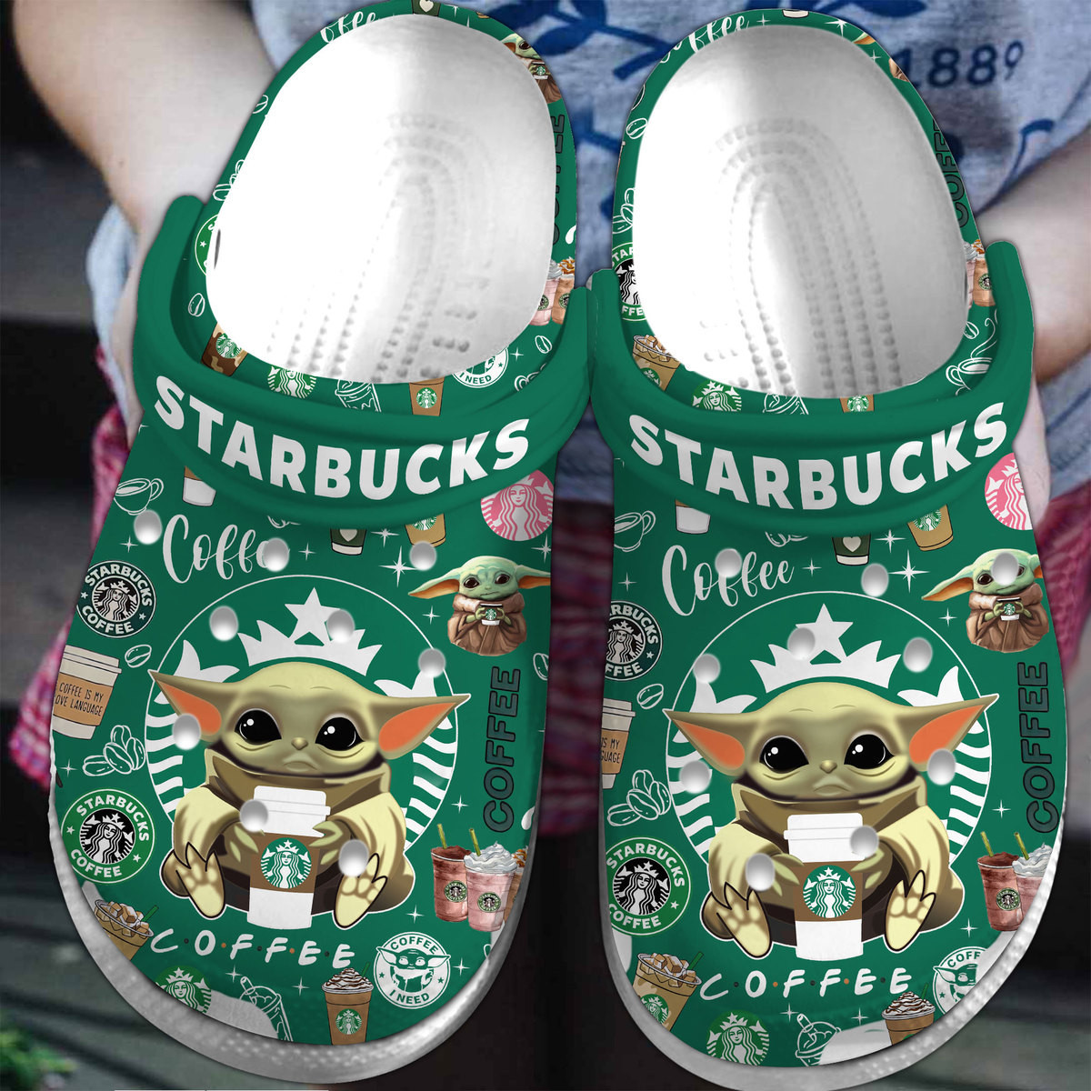 Footwearmerch Baby Yoda And Starbucks Movie Drink Crocs Crocband Clogs Shoes Comfortable For Men Women and Kids