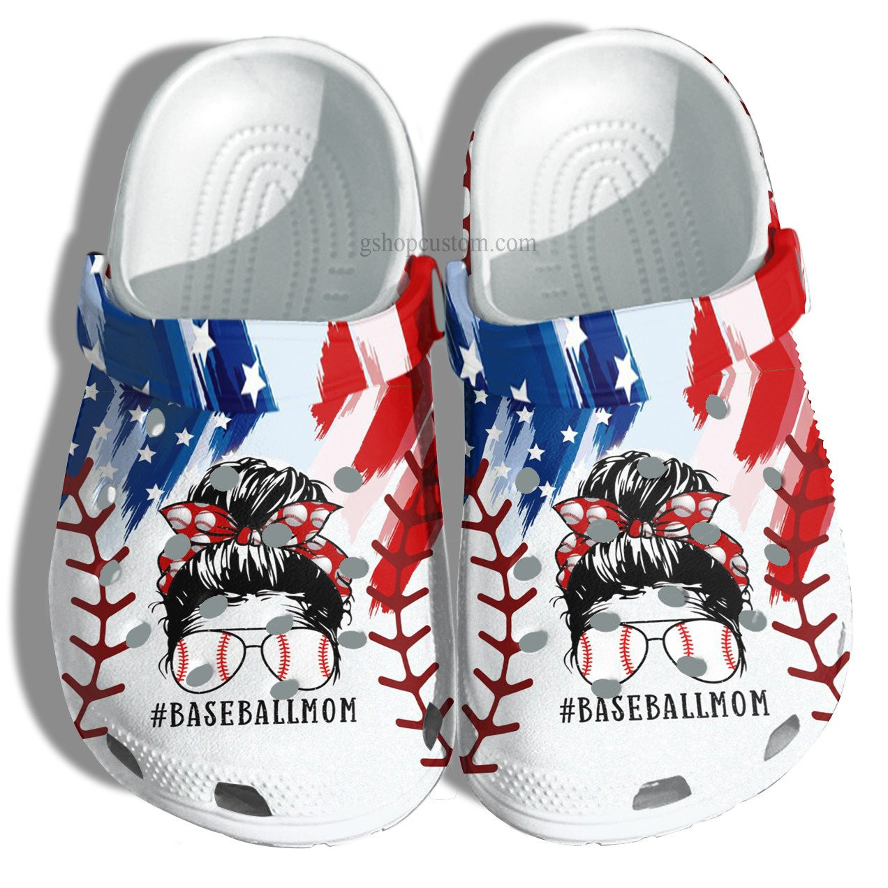 Footwearmerch Baseball Mom America Flag Croc Shoes Gift Grandma- Baseball Line Women Cool Glasses Shoes Gift Mother Day