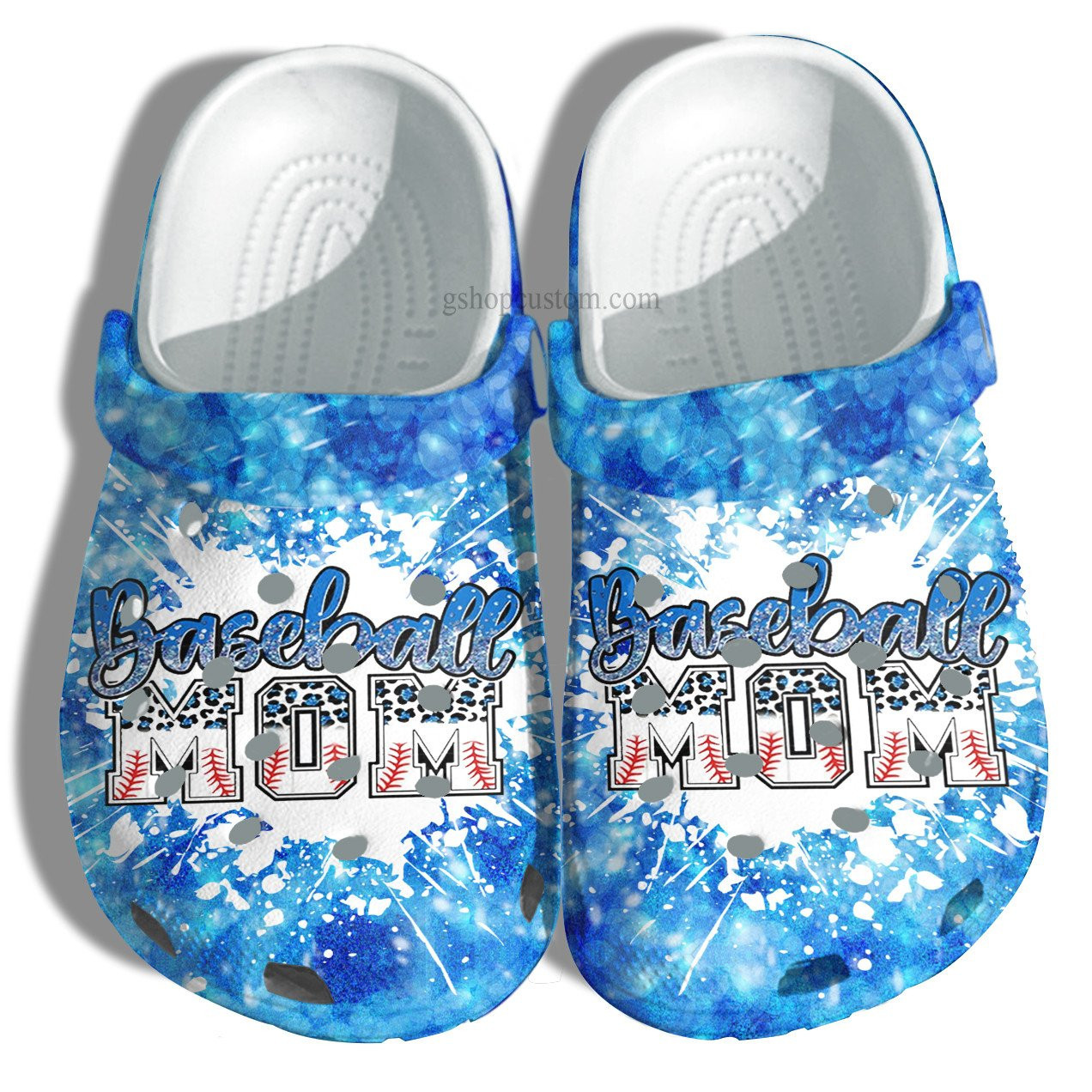 Footwearmerch Baseball Mom Leopard Twinkle Blue Croc Shoes Gift Wife- Baseball Line Leopard Shoes Gift Mother Day