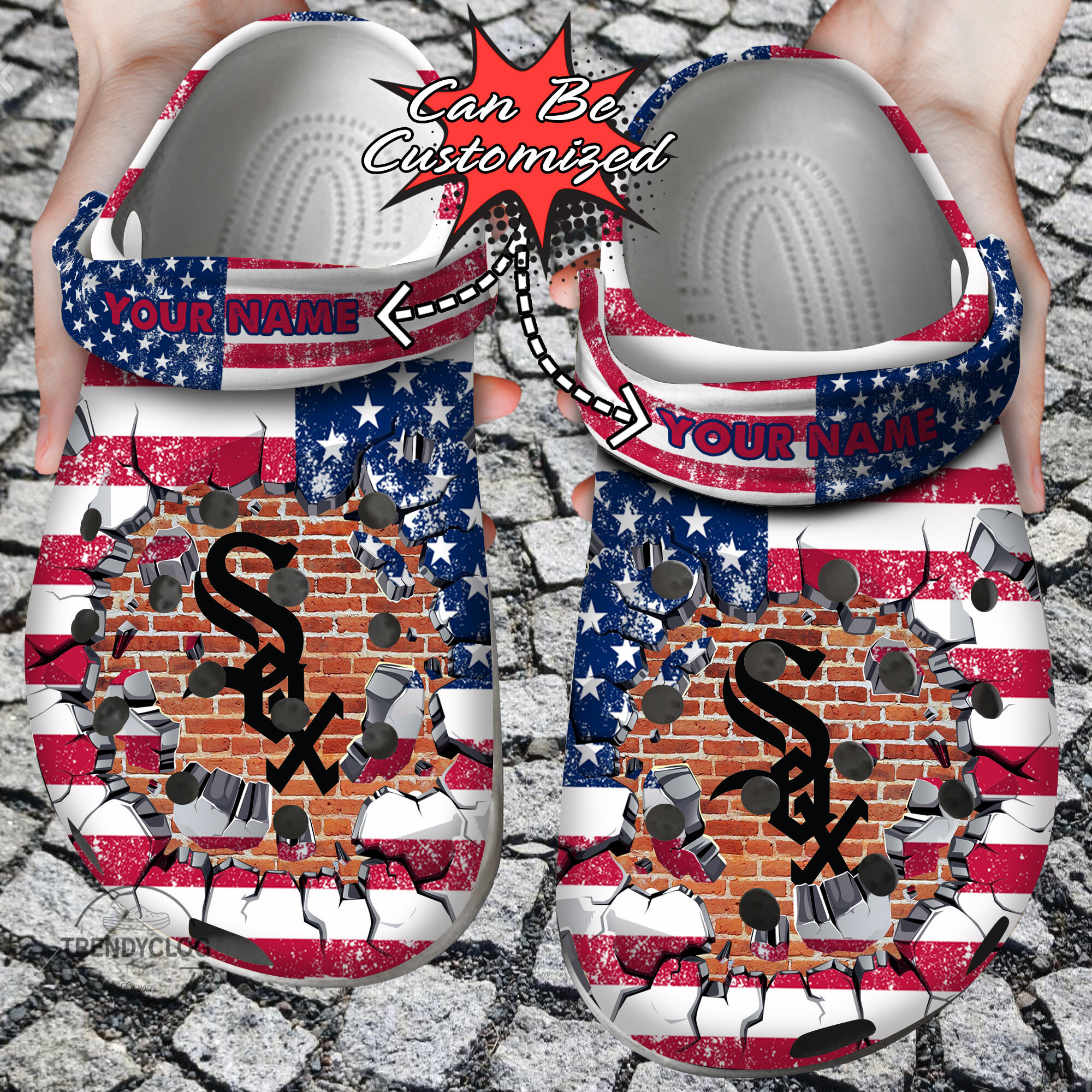 Footwearmerch Baseball Personalized CWhite Sox American Flag Breaking Wall Clog Shoes