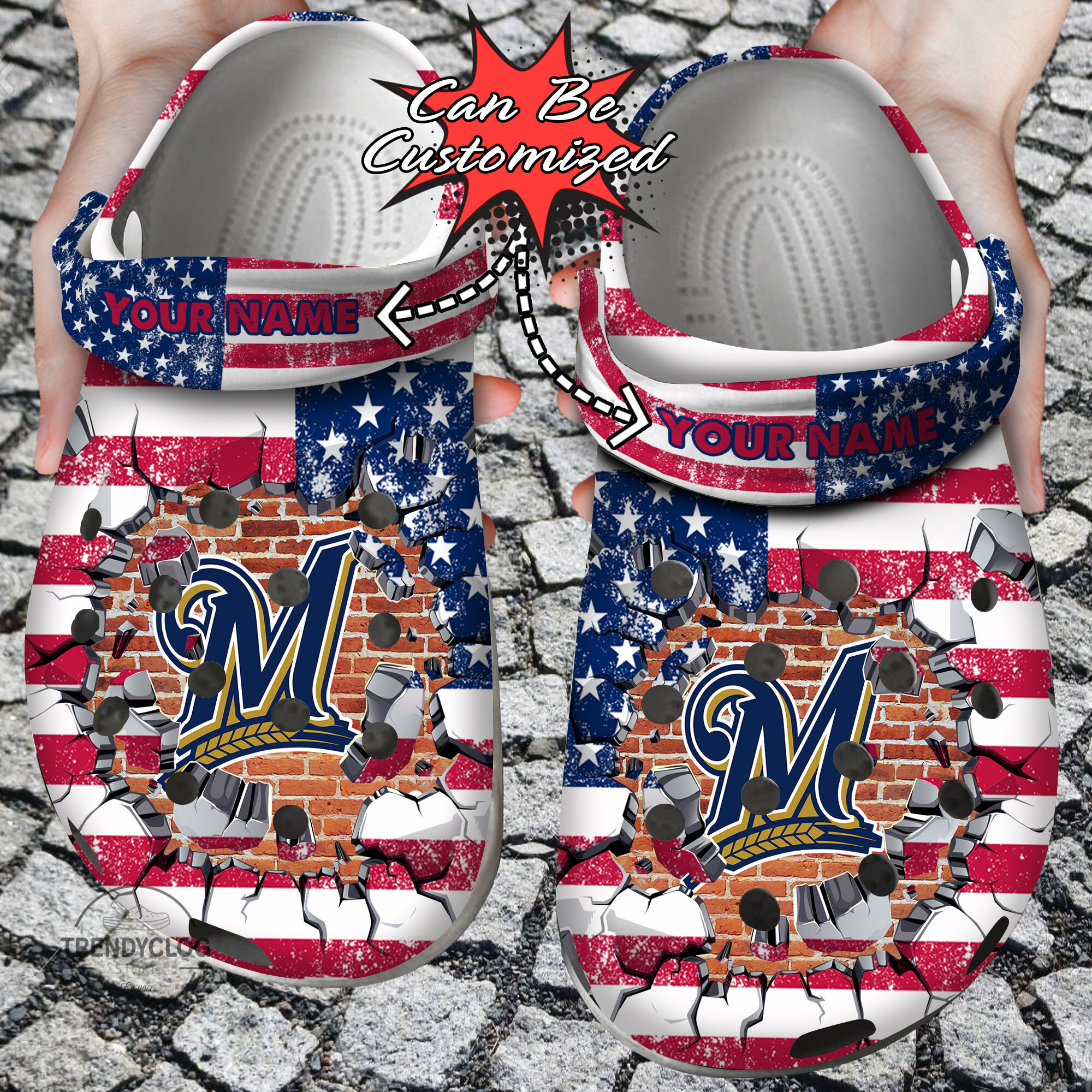Footwearmerch Baseball Personalized MBrewers American Flag Breaking Wall Clog Shoes