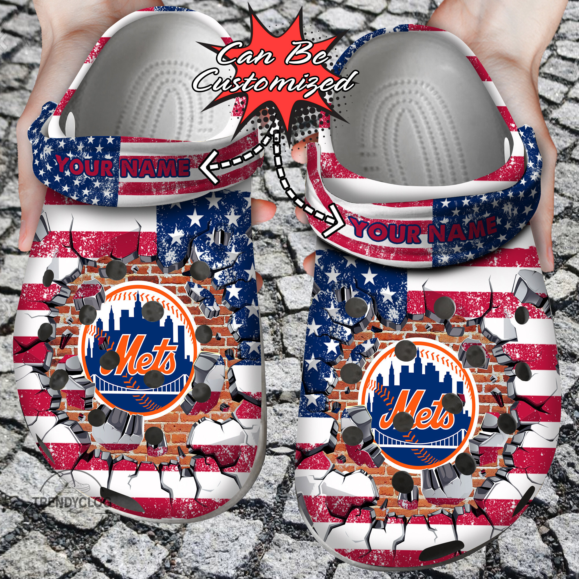 Footwearmerch Baseball Personalized NY Mets American Flag Breaking Wall Clog Shoes