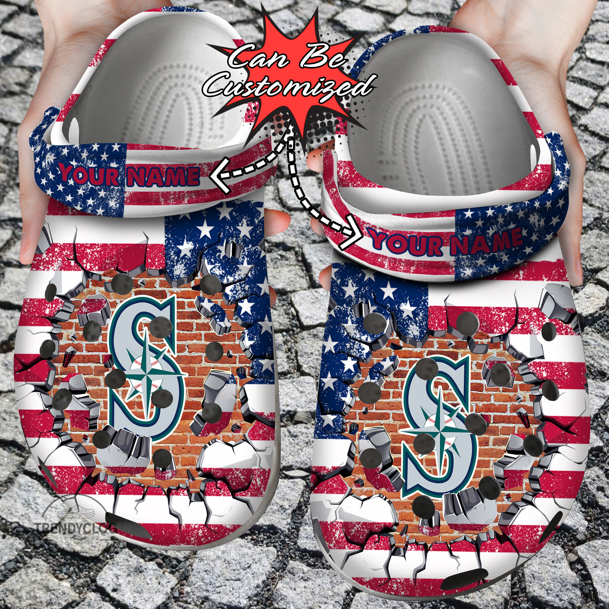 Footwearmerch Baseball Personalized SMariners American Flag Breaking Wall Clog Shoes