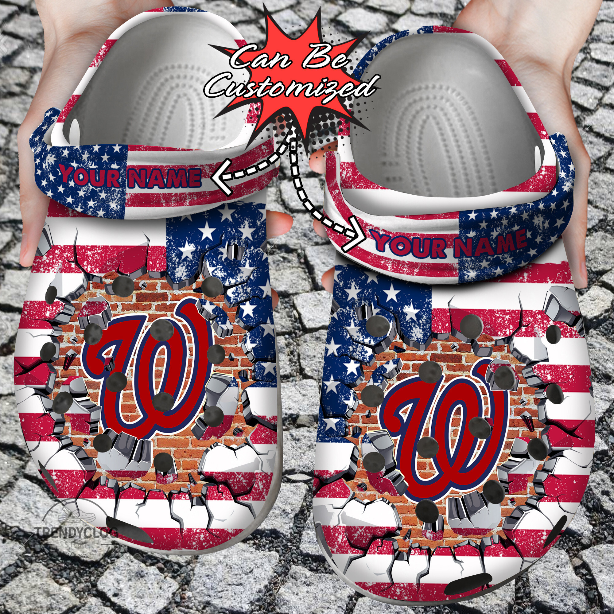 Footwearmerch Baseball Personalized WNationals American Flag Breaking Wall Clog Shoes