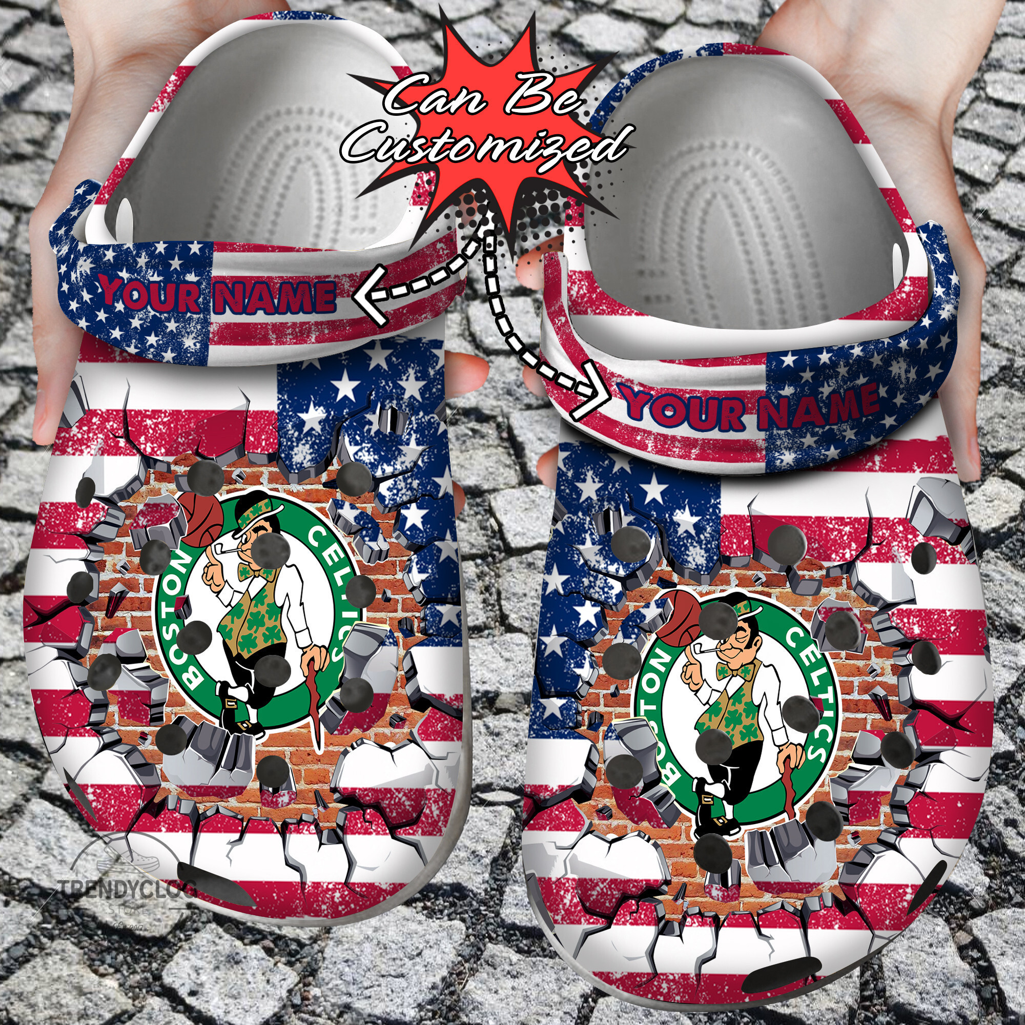 Footwearmerch Basketball Personalized BCeltics American Flag Breaking Wall Clog Shoes