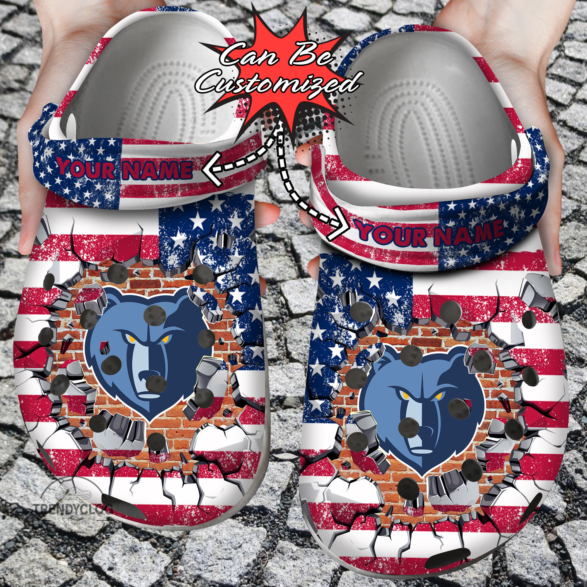 Footwearmerch Basketball Personalized MGrizzlies American Flag Breaking Wall Clog Shoes
