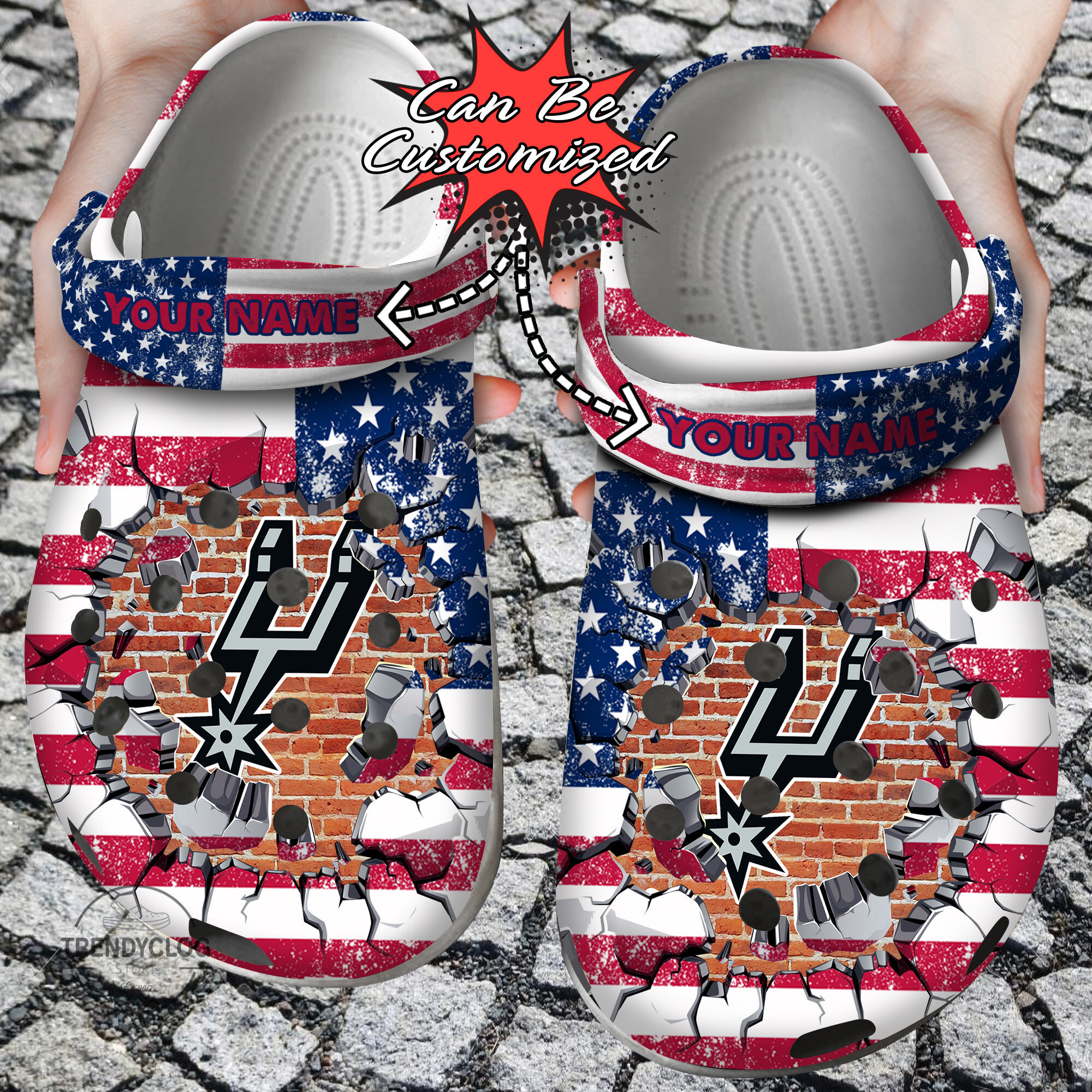 Footwearmerch Basketball Personalized SA Spurs American Flag Breaking Wall Clog Shoes