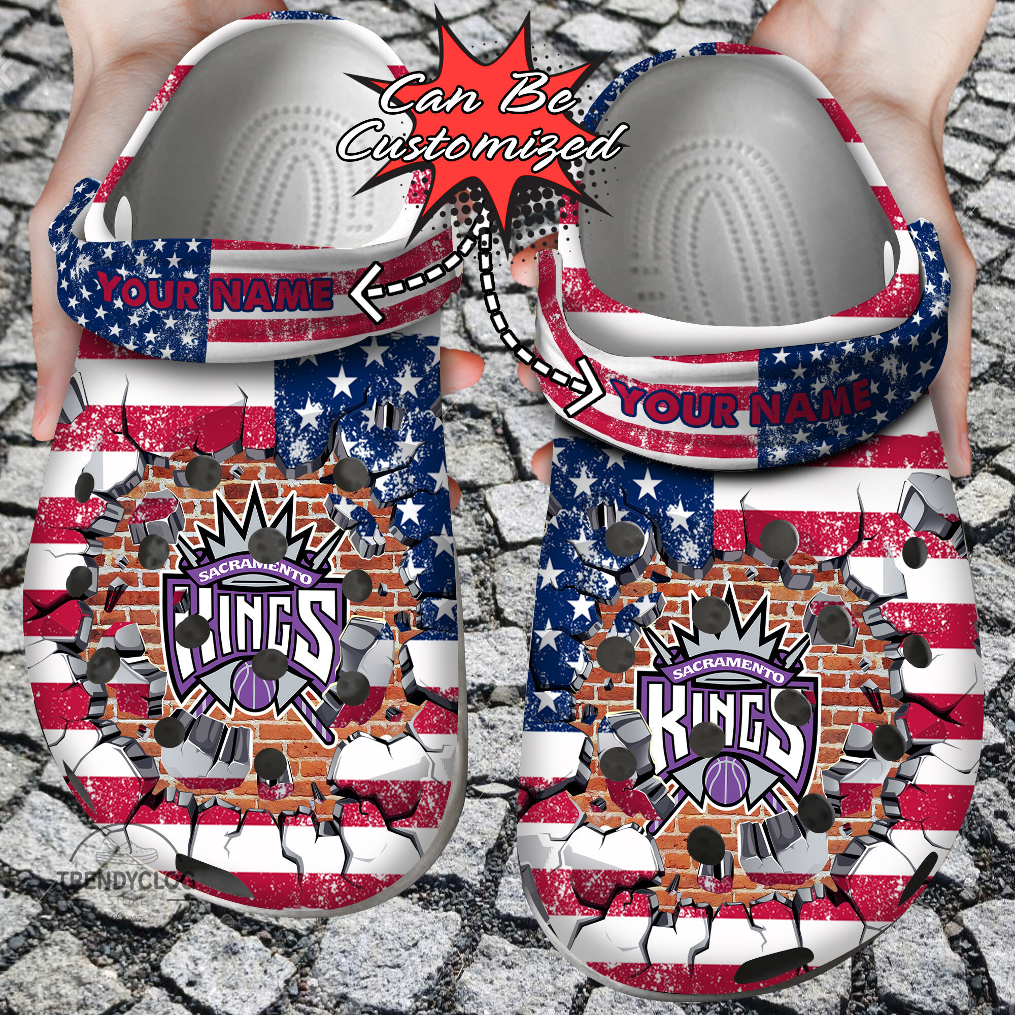 Footwearmerch Basketball Personalized SKings American Flag Breaking Wall Clog Shoes