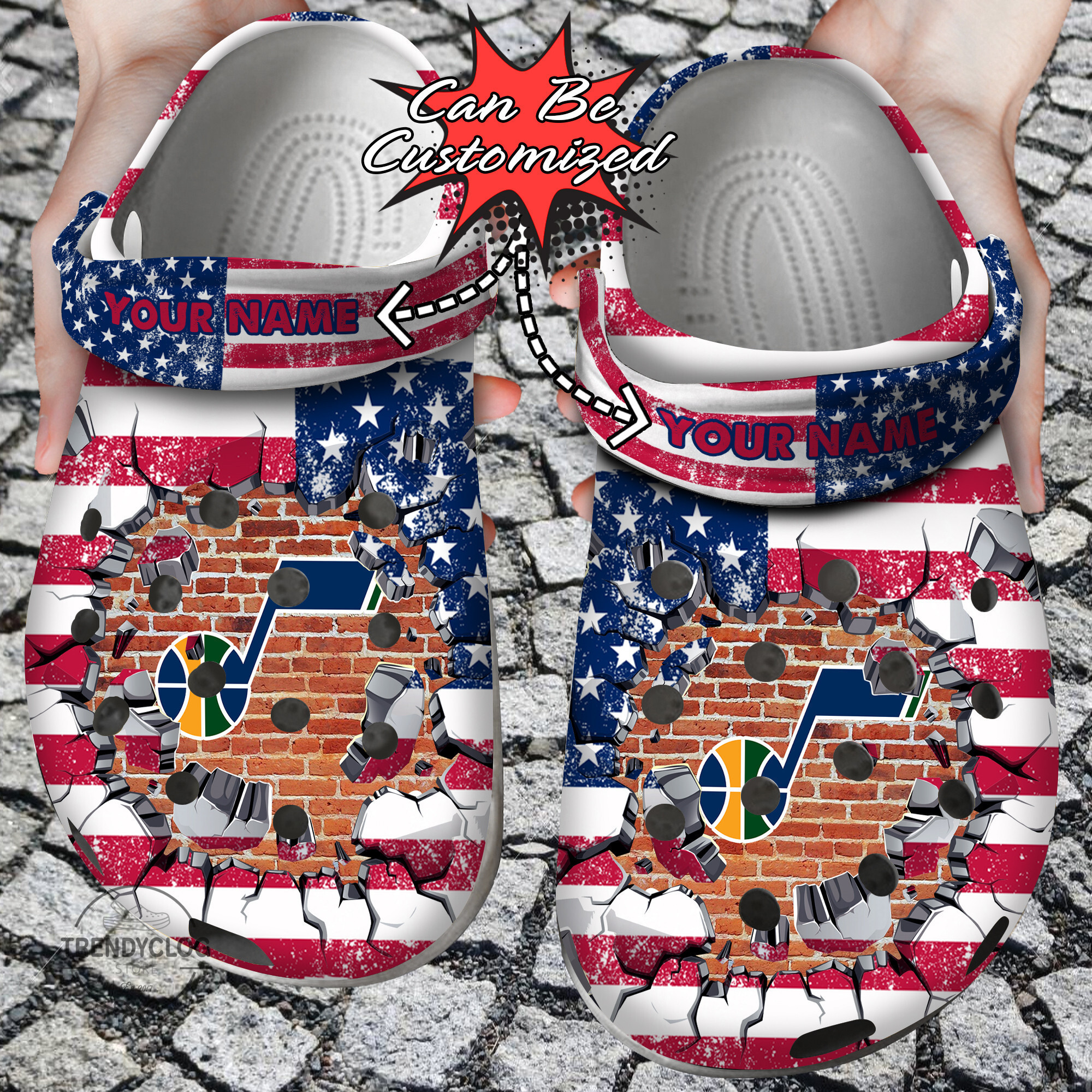 Footwearmerch Basketball Personalized UJazz American Flag Breaking Wall Clog Shoes