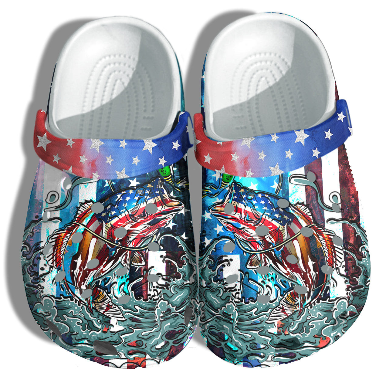 Footwearmerch Bass Fishing Ocean America Flag Shoes Gift Step Dad - Hook Fishing Beach Camping 4Th Of July Shoes Gift Father Day