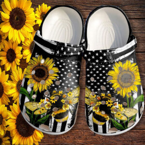Footwearmerch Bee Sunflower America Flag Shoes Gift Women Mother Day- 4Th Of July Bee Kind Shoes Croc Clogs
