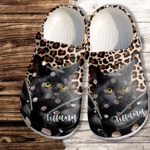 Footwearmerch Black Cat Leopard Leather Funny Shoes Gift Women Mother Day- Cat Mom Shoes Croc Clogs Customize