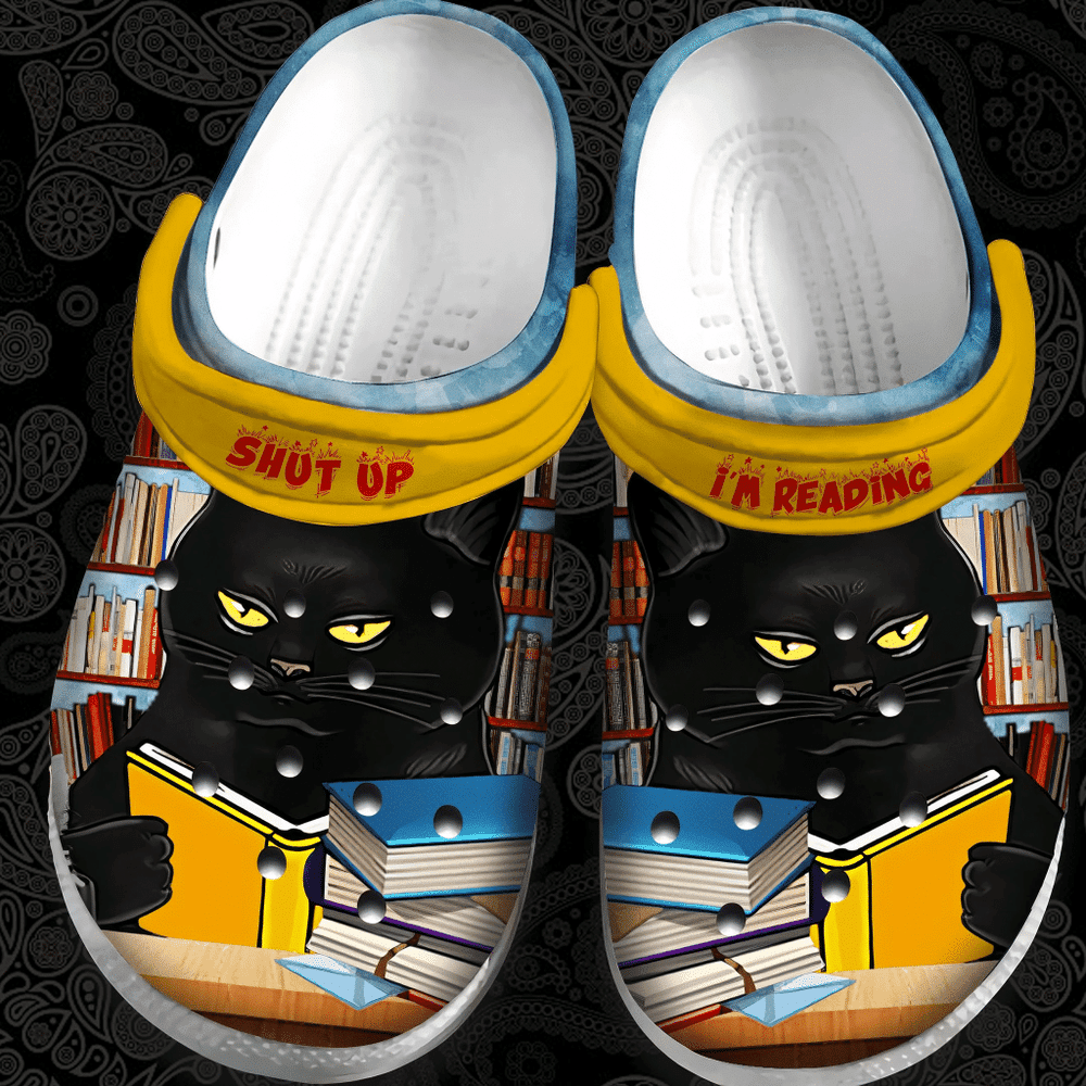 Footwearmerch Black Cat Love Read Shut Up Im Reading Gift For Lover Rubber clog Shoes Comfy Footwear