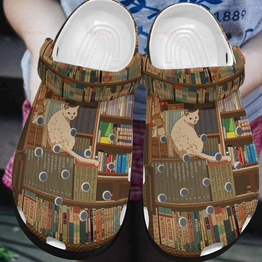 Footwearmerch Bookshelf And White Cat Gift For Lover Rubber clog Shoes Comfy Footwear