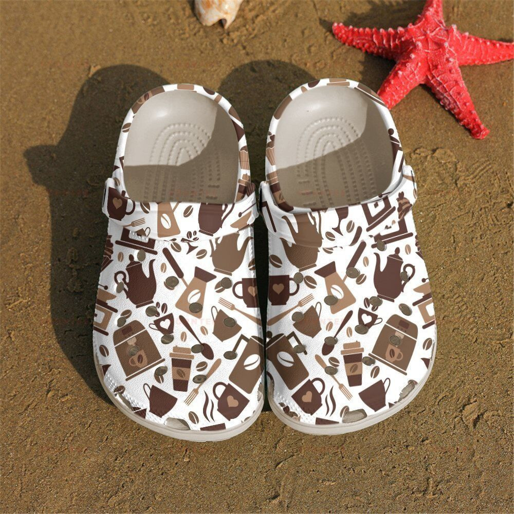 Footwearmerch Brown Coffee Pattern Gift For Lover Rubber clog Shoes Comfy Footwear