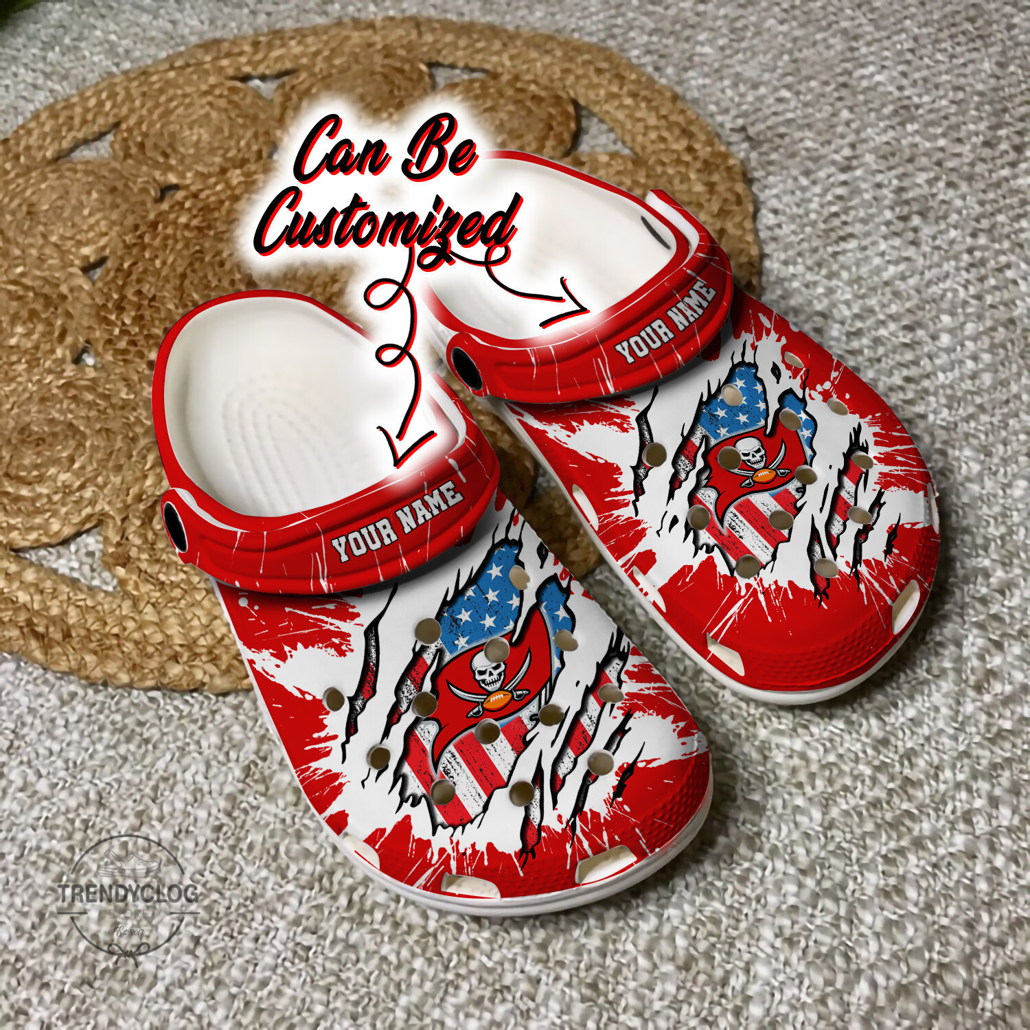 Footwearmerch Buccaneers Personalized TB Buccaneers Football Ripped American Flag Clog Shoes