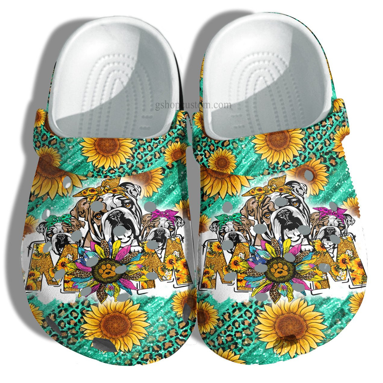 Footwearmerch Bull Dog Mom Sunflower Leopard Croc Shoes Gift Aunt- Bull Dog Mom Shoes Gift Mother Day