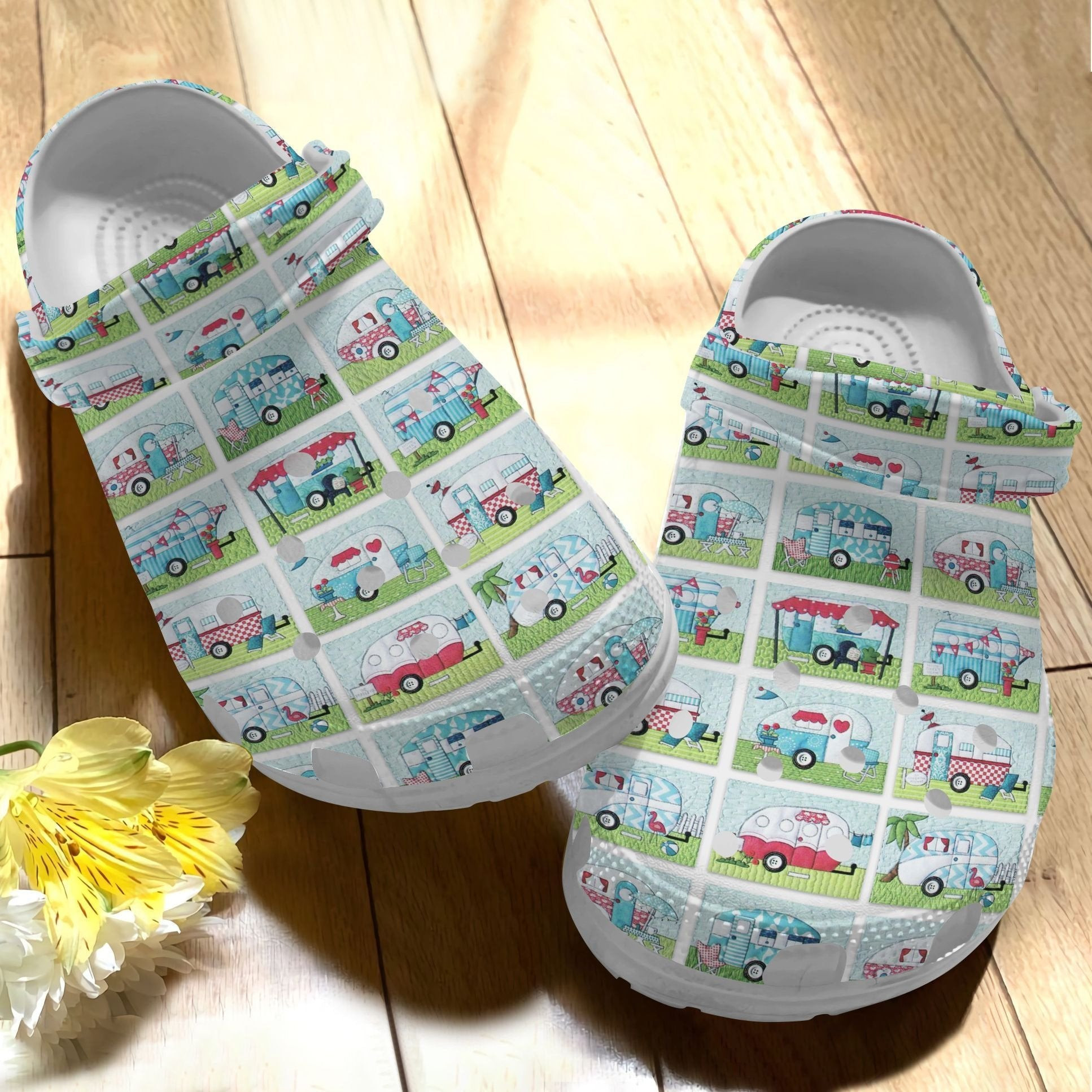 Footwearmerch Camper Van Quilt Shoes - Lovely Camping Bus clog Gift For Men Kids