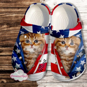 Footwearmerch Cat Usa Flag Shoes Gift Women Mother Day- 4Th Of July America Cat Flag Shoes Croc Clogs Customize
