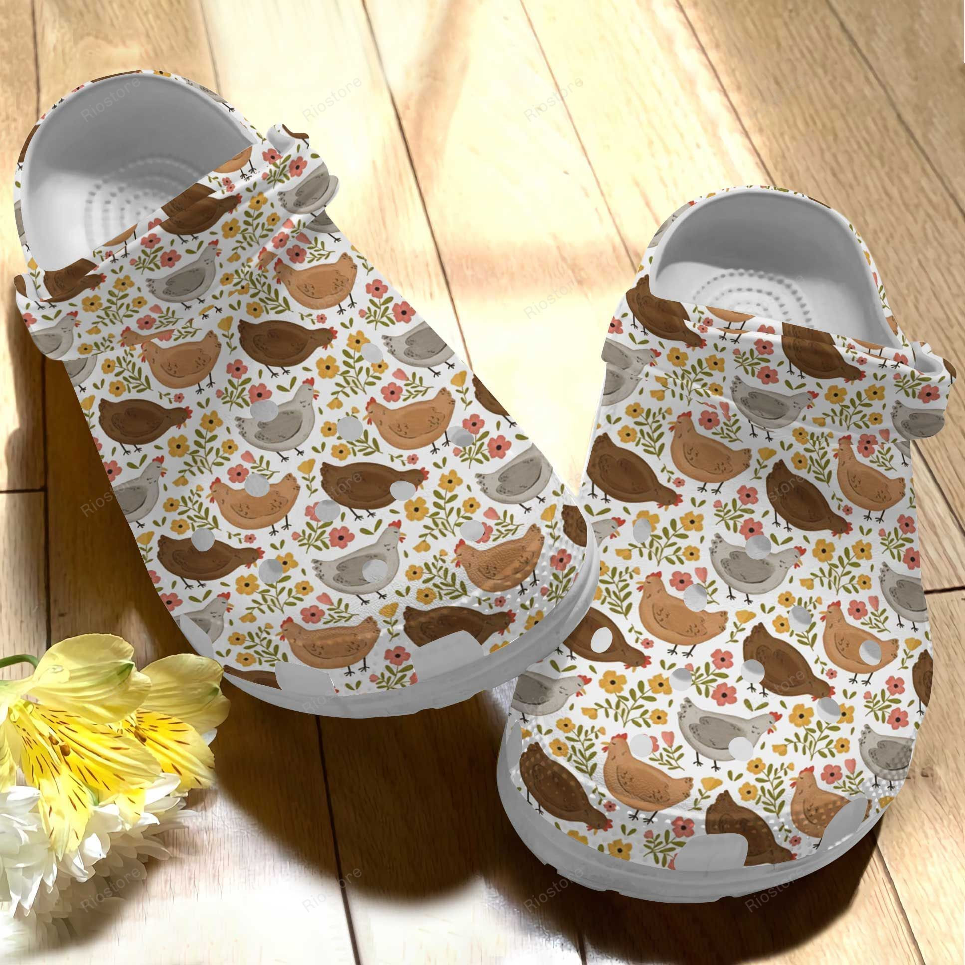 Footwearmerch Chickens In The Garden Croc Shoes For Mother Day - Chicken Flower Shoes Crocbland Clog Gifts For Mom Daughter
