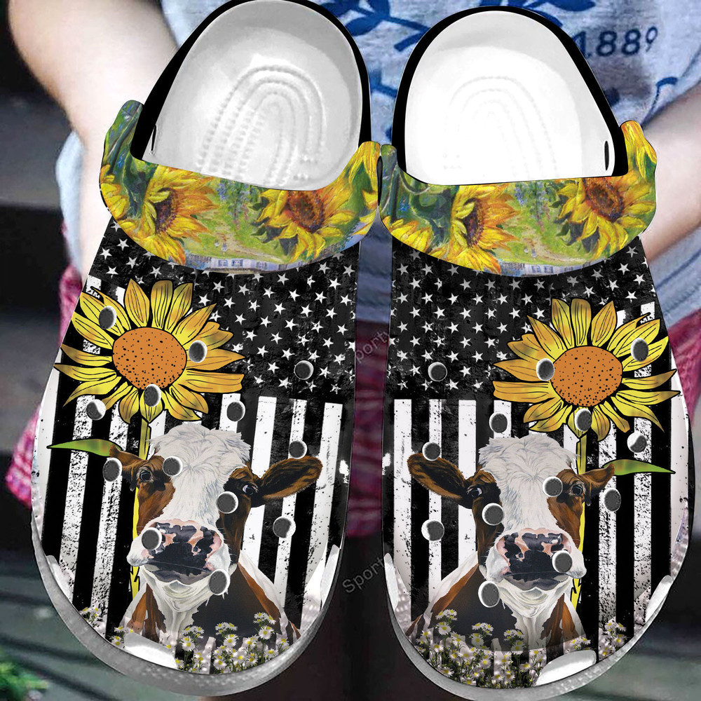 Footwearmerch Cow With Sunflower Bw American Flag Farmer Clogs Shoes