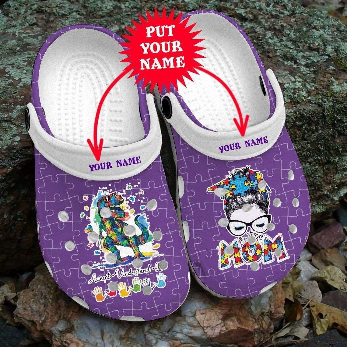 Footwearmerch Custom Name Autism Awareness Day Autism Mom Messy Bun Puzzle Pieces Mothers Day Crocband Clog Shoes