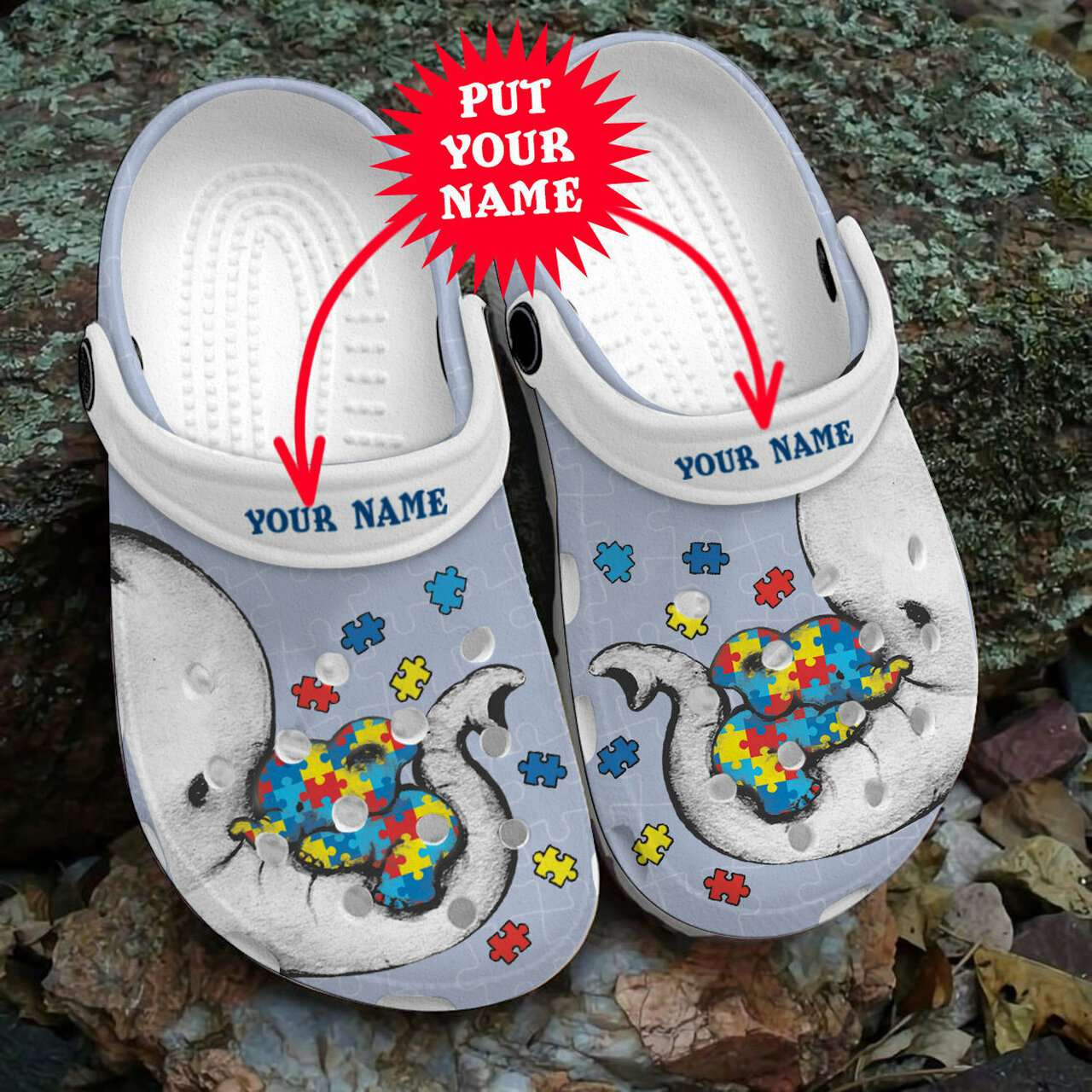 Footwearmerch Custom Name Autism Awareness Day Elephant Mom And Baby Puzzle Piece Crocband Clog Shoes