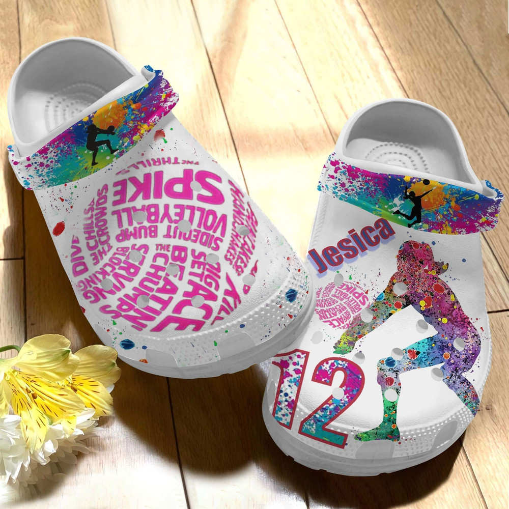Footwearmerch Custom Name Highlights Volleyball Sport Paint Flakes Gift For Lover Rubber clog Shoes Comfy Footwear