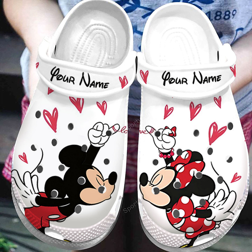 Footwearmerch Custom Name Mickey Minnie So Cute Love Couple White Clogs Shoes