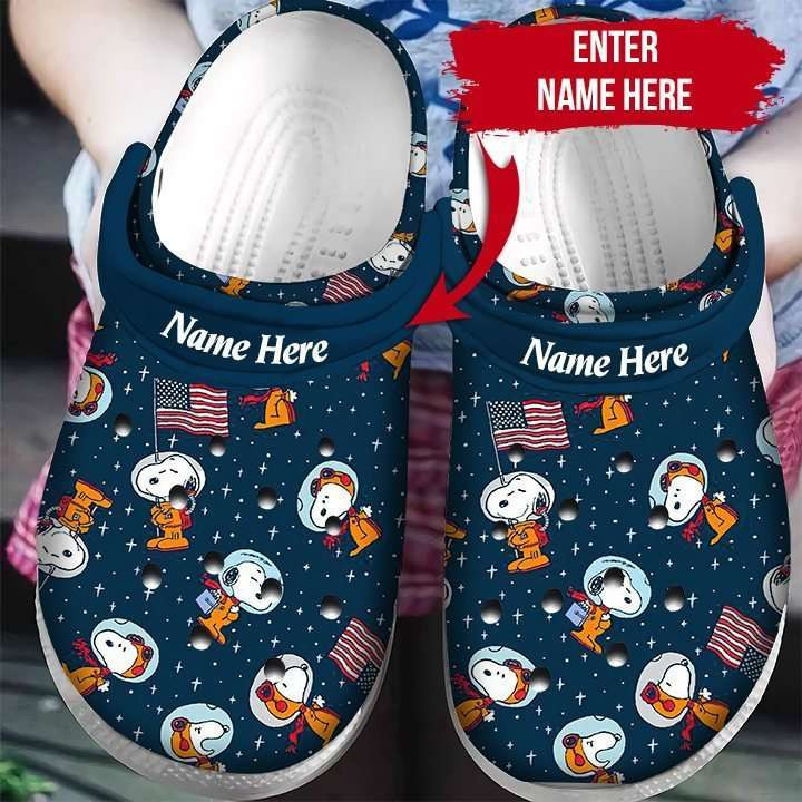 Footwearmerch Custom Name Snoopy Astronaut Usa Flag Puzzle Pieces Crocband Clog Crocs Shoes