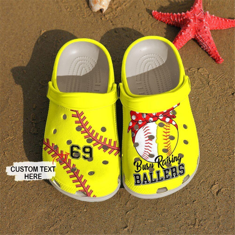 Footwearmerch Custom Number Busy Raising Ballers Softball Baseball Mom Yellow Clogs Shoes