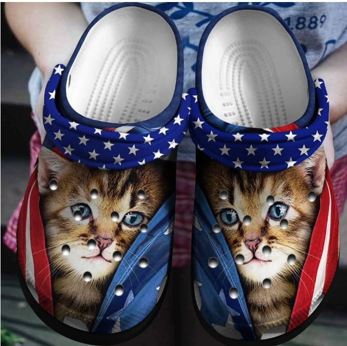 Footwearmerch Cute Cat Us Shoe 4Th Of July - Animal Happy Independence America Clog Shoes Gift For Women Men