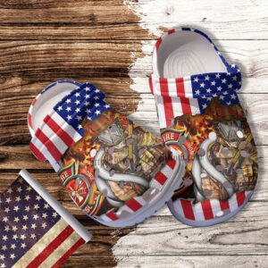 Footwearmerch Fire Fighter Papa America Flag Croc Shoes Gift Men Father Day- 4Th Of July Firefighter Shoes Croc Clogs