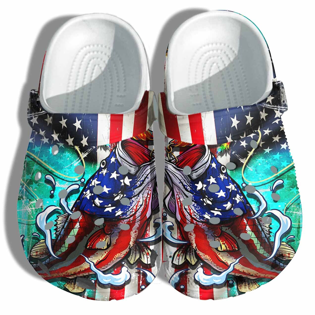 Footwearmerch Fishing America Flag Croc Shoes Gift Men - Fish Ocean 4Th Of July Twinkle Sea Shoes Camping Gift