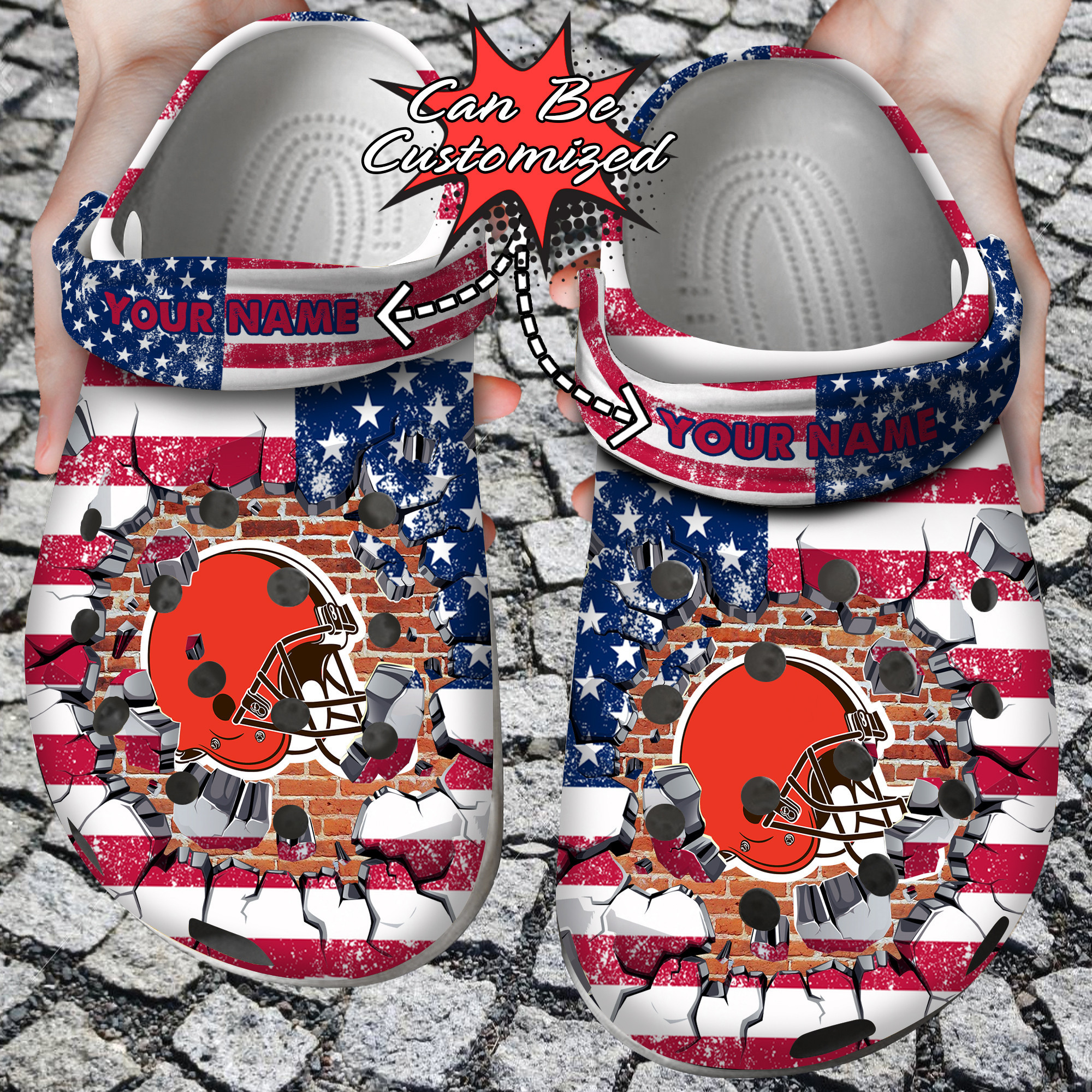 Footwearmerch Football Personalized CBrowns American Flag Breaking Wall Clog Shoes