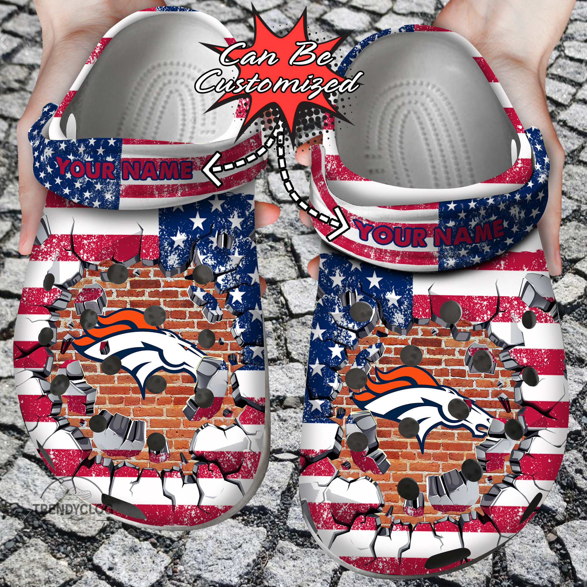 Footwearmerch Football Personalized DBroncos American Flag Breaking Wall Clog Shoes