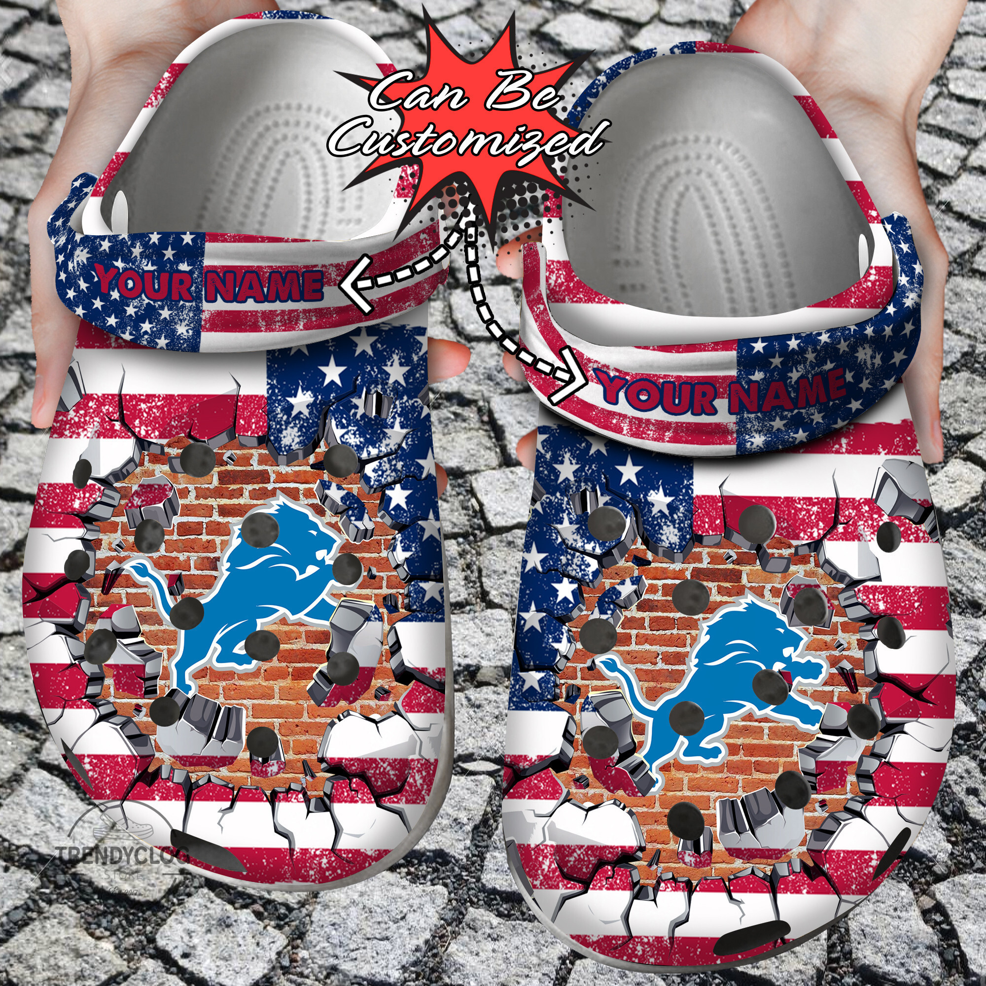 Footwearmerch Football Personalized DLions American Flag Breaking Wall Clog Shoes
