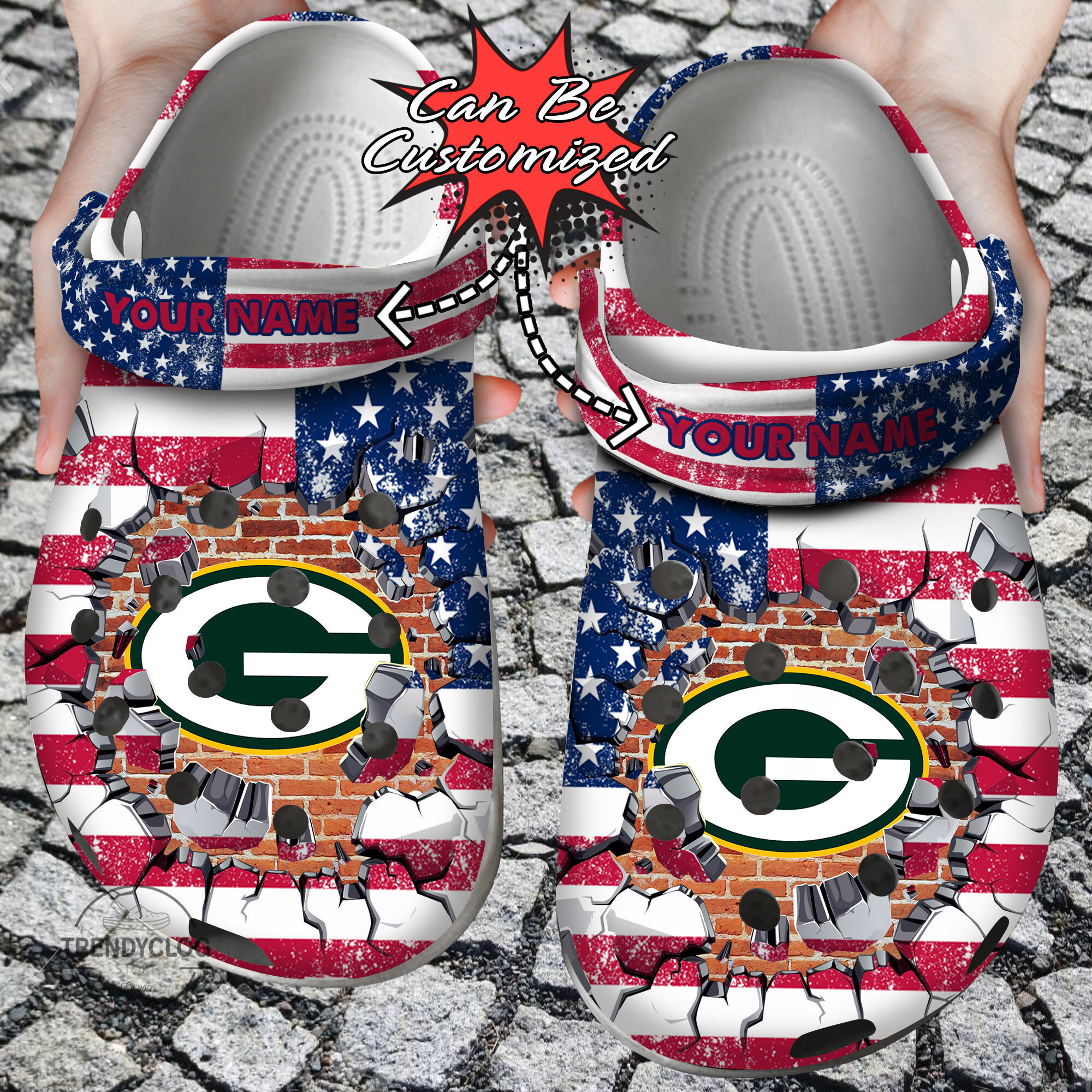 Footwearmerch Football Personalized GPackers American Flag Breaking Wall Clog Shoes