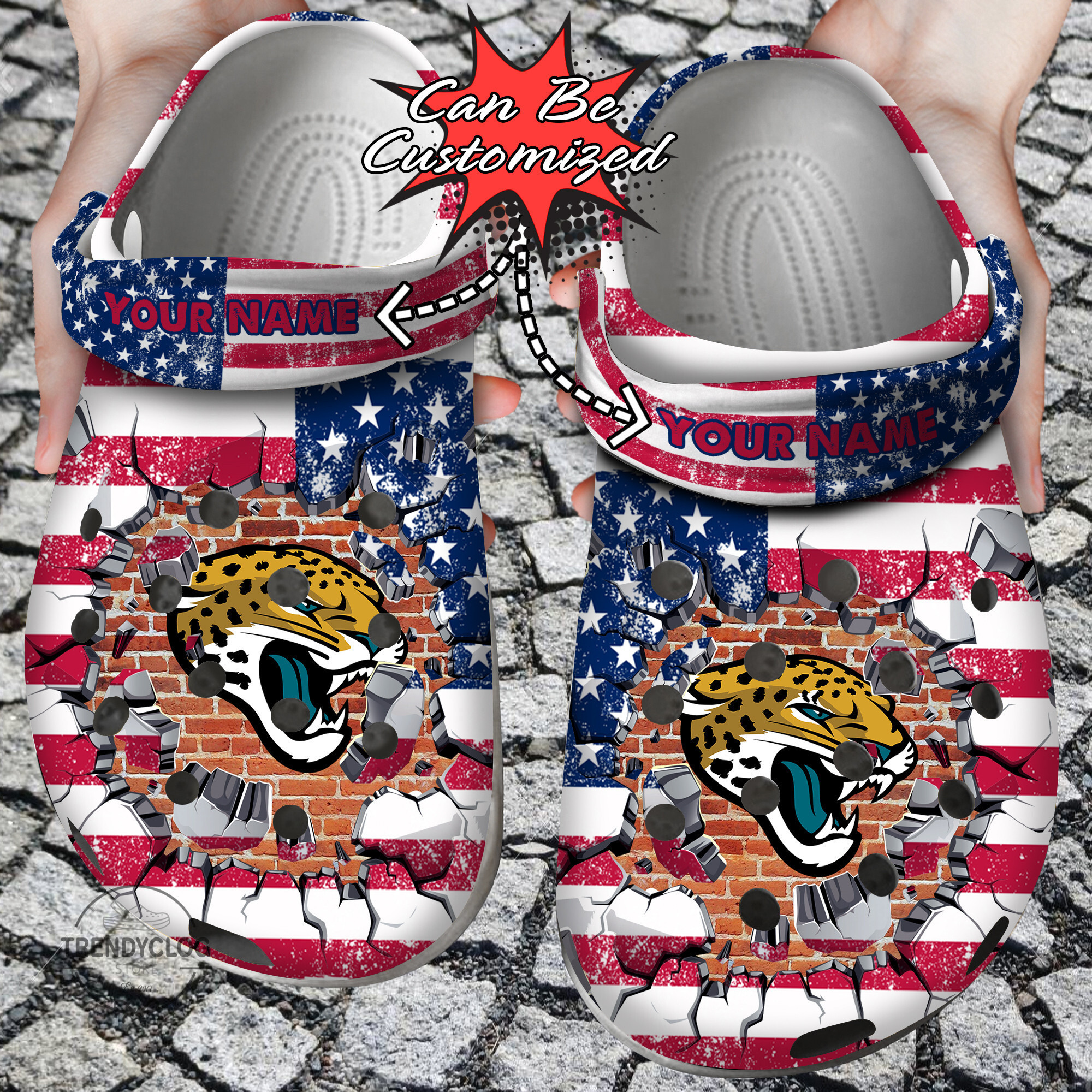 Footwearmerch Football Personalized JJaguars American Flag Breaking Wall Clog Shoes
