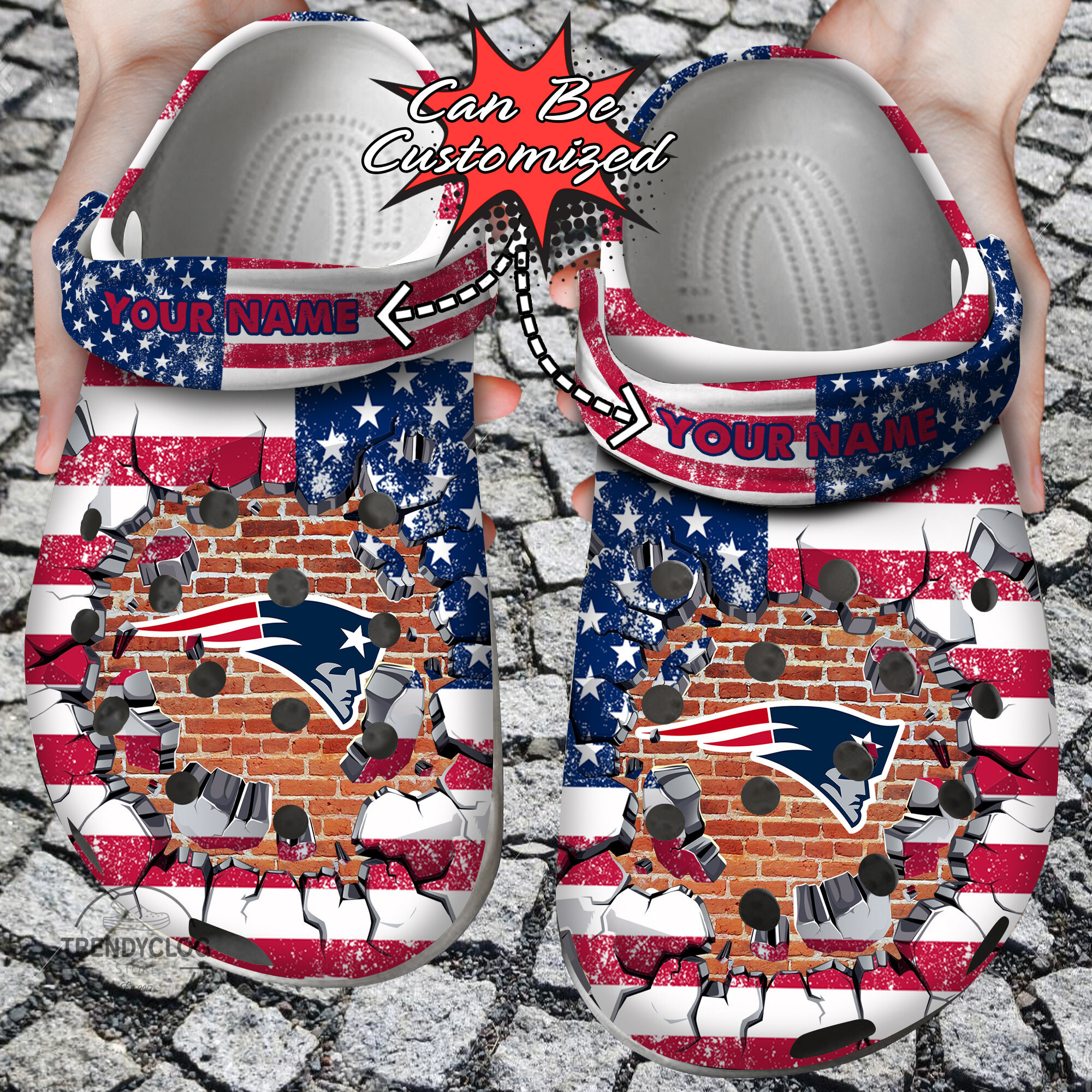 Footwearmerch Football Personalized NE Patriots American Flag Breaking Wall Clog Shoes