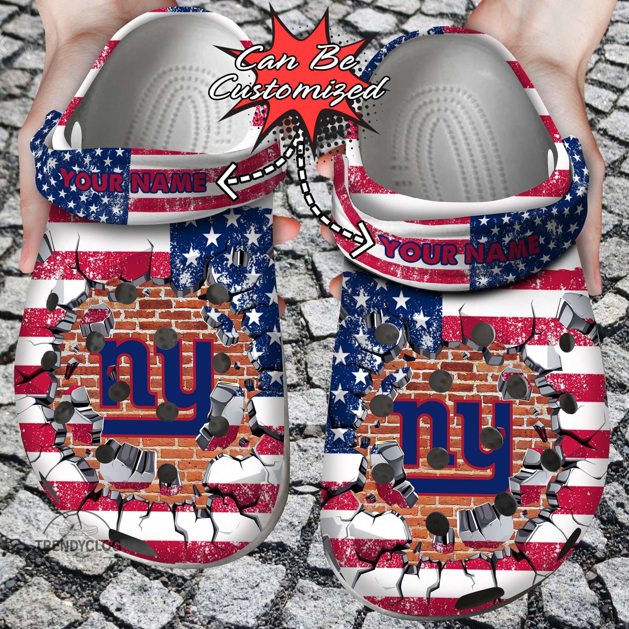 Footwearmerch Football Personalized NY Giants American Flag Breaking Wall Clog Shoes