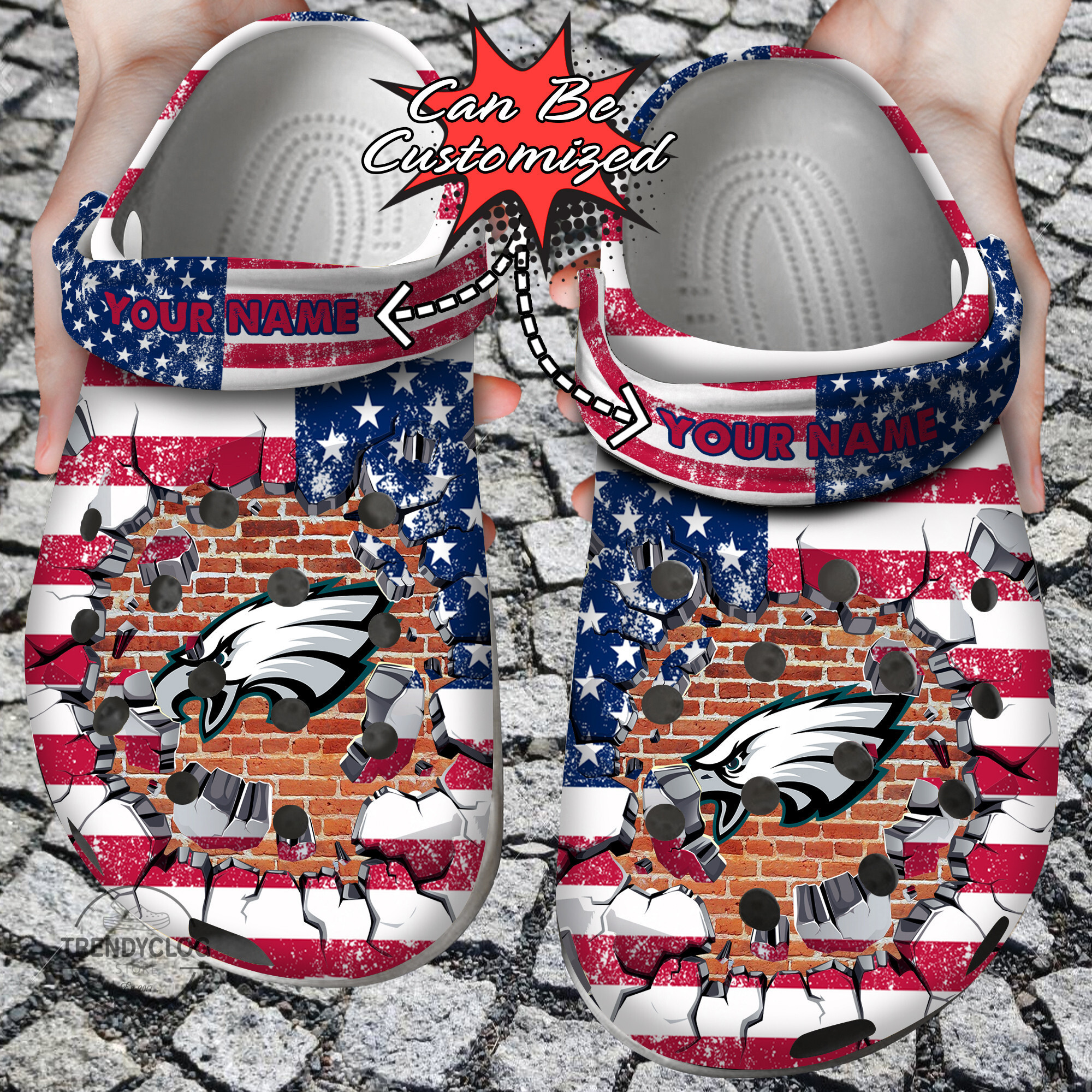 Footwearmerch Football Personalized PEagles American Flag Breaking Wall Clog Shoes