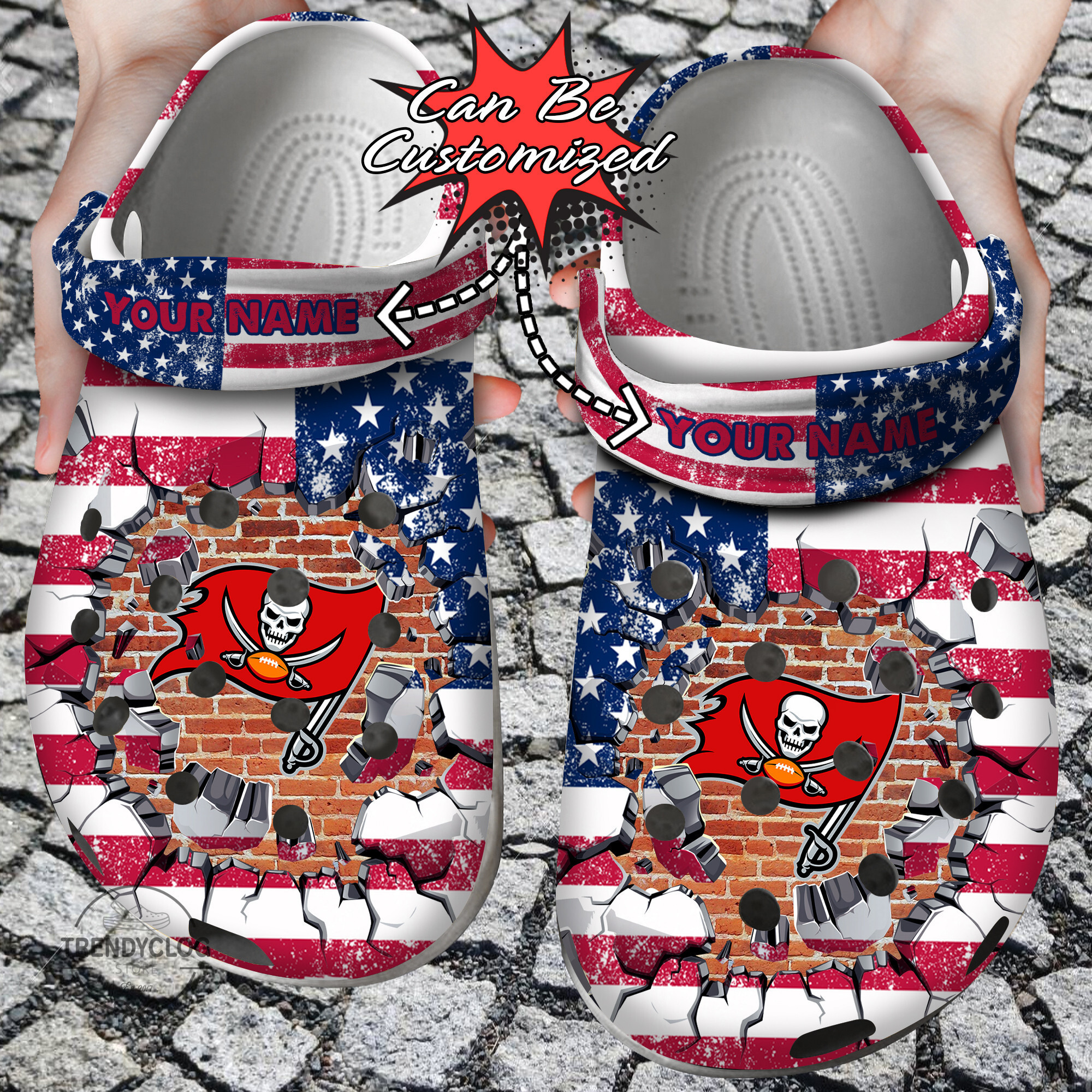 Footwearmerch Football Personalized TB Buccaneers American Flag Breaking Wall Clog Shoes