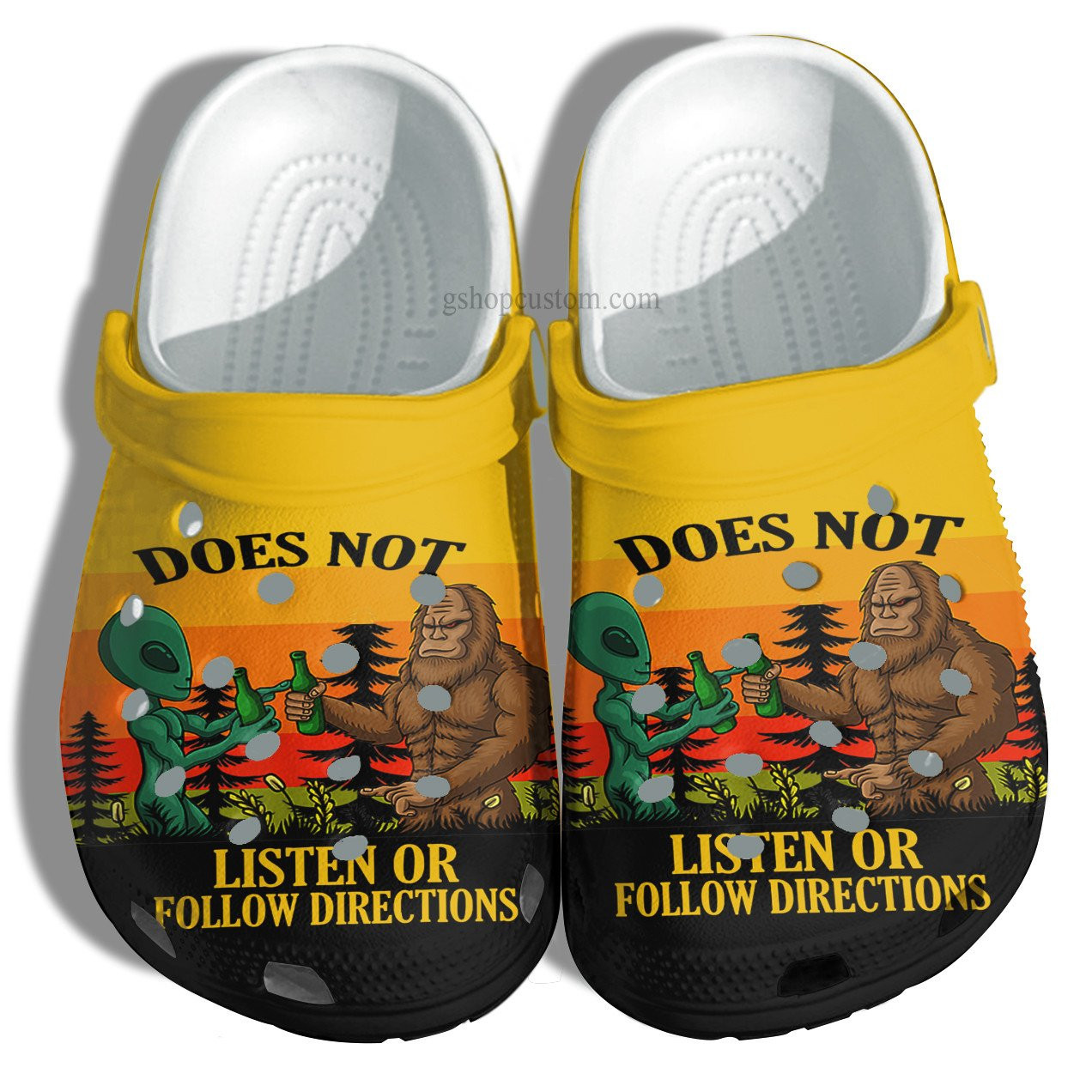 Footwearmerch Funny Bigfoot Alien Drink Party Vintage Shoes Camping - Does Not Listen Or Follow Directions Shoes Croc Clog